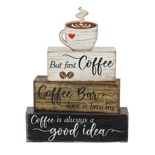 Image of Moucuny 4 Pcs Wooden Coffee Bar Tabletop Decor Coffee Tiered Tray Decor Rustic Wood Bar Sign Gift Farmhouse Table Centerpiece Farmhouse Decorations for Home Kitchen