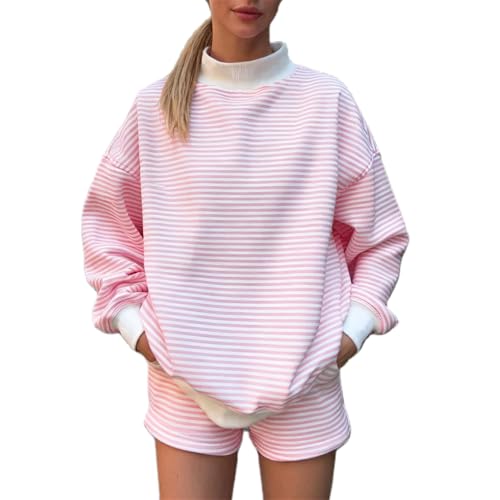 Neavuge Women Oversized Striped 2 Piece Outfits Y2k Mock Neck