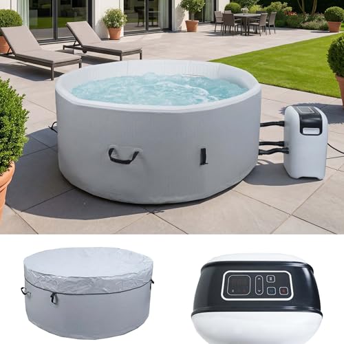 Mendler Whirlpool HWC-N97, 4 Personen, In-/Outdoor heizbar aufblasbar Pumpe Dropstitch-Gewebe, rund Ø150cm grau-weiß