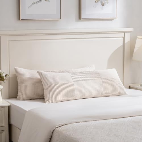 Image of Fancy Homi Set of 2 Cream Boho Long Lumbar Body Decorative Throw Pillow Cover 14x36 Inch for Bed Couch Bedroom Bench, Soft Patchwork Corduroy Textured Pillow Case, Rustic Farmhouse Room Decor