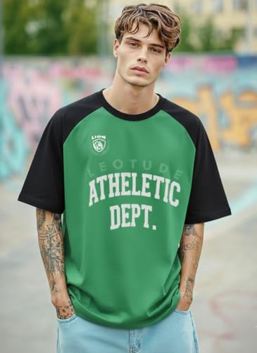 Image of LEOTUDE Men's Half Sleeve Cottonblend Printed Colourblocked Round Neck Drop Shoulder Oversized Tshirt for Man (Color Red)