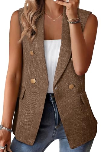 Happy Sailed Womens Sleeveless Vest Tops 2025 Trendy Double Breasted Tweed Blazer Business Work Suits with Pockets