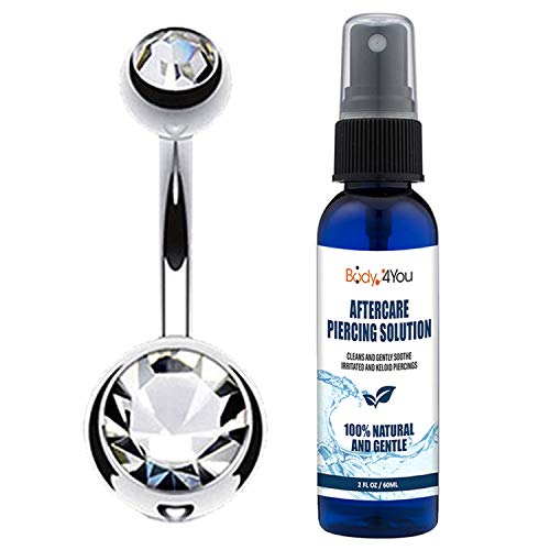 BodyJ4You Piercing Aftercare Saline Spray With Belly Button Ring Clear CZ Crystal 14G Navel Banana Bar
