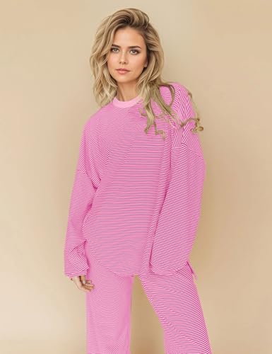 Image of MISSACTIVER Women's 2 Piece Striped Lounge Set Long Sleeve Oversized T-Shirt Wide Leg Pants Matching Pajamas Set