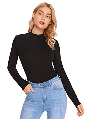 SheIn Women's Mock Neck Turtleneck Shirt Long Sleeve Ribbed Knit Slim Fit Tee Tops Black Medium