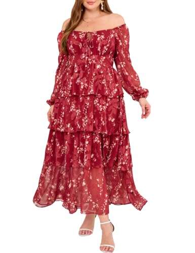 Image of EYWOL Plus Size Long Sleeve Floral Tiered Semi Formal Wedding Guest Dress | Chiffon Maxi, On or Off Shoulder, Flowy A-Line, Side Slit, Elastic Back Waist, Cocktail, Dinner Party, Engagement, Prom, Gala