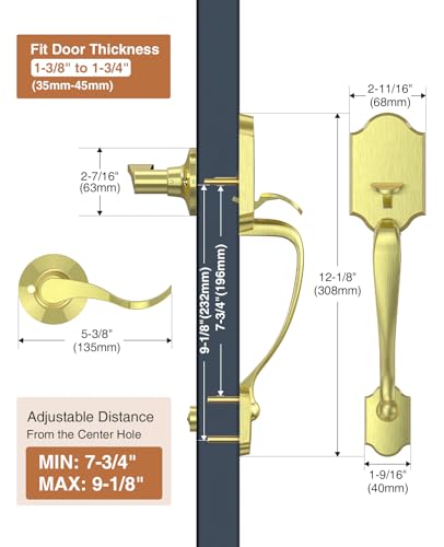 Image of Brightify Gold Front Door Handle No Lock, Classic Exterior Door Handle, Entry Door Handle Reversible for Left & Right Hand Doors