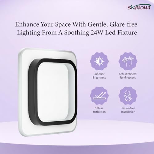 Image of Premium 24W LED Ceiling Light | 3 Color Modes (Warm, Natural, Cool) - Flicker-Free, Anti-Glare |Bedroom, Office, Kitchen, Bathroom, Balcony & Walkway (Square Black 24W)