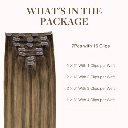 Image of GOO GOO Clip in Hair Extensions Real Human Hair, Remy Human Hair Extensions Clip ins for Women, Natural Human Hair, 18inch 120g 7Pcs, 4D /14 /5B Brunette Balayage