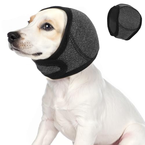 Dog Ear Wrap, Quiet Ears for Anxiety, Dog Ear Covers for Noise Canceling, No Shake Head Ear Cover, Calming Hoodie Dogs Ears Muffs for Thunder Lightning Fireworks Vet Visits Grooming, Grey L