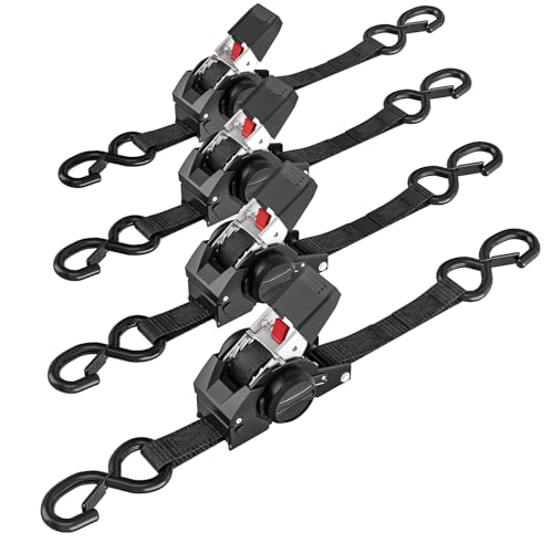 IAZZCO Retractable Ratchet Tie Down Straps 2.5CM x 3M Heavy Duty Self-Retracting Cargo Straps with Hooks for Truck Trailer MotorcycleBlack/4 Pack