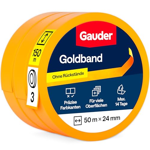 GAUDER Goldband Malerkrepp aus Premium-Washi für präzise Farbkanten - Maler Klebeband rückstandsfrei - Kreppband und Abdeckband - Malerband Masking Tape - Abklebeband Maler (3 Rollen - 24 mm x 50 m)