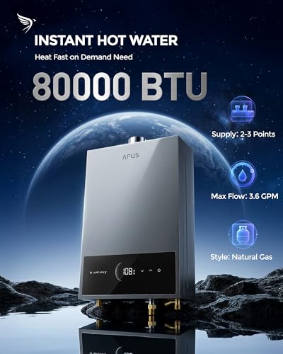 Image of APUS Tankless Water Heater Natural Gas, Up to 3.6 GPM, Indoor Tankless Water Heater, 80,000 BTU on Demand Instant Hot Water Heaters with Smart Digital Display