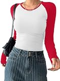 Avanova Women Slim Raglan Color Block Tee Shirt Crewneck Long Sleeve Top Red White Small