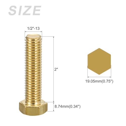 Image of METALLIXITY Hex Head Screw Bolt (1 /2-13x2 inch) 2Pcs, Brass Fully Threaded Solid Brass Hex Bolts Machine Screws - for Machinery Repair