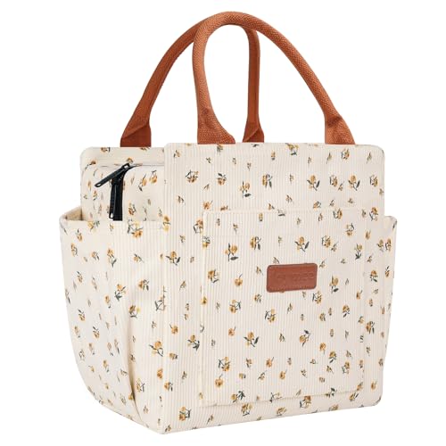 Joymee Lunch Bag Women Insulated Corduroy Reusable - Yellow-Floral