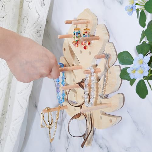 SUPERFINDINGS Holz Pegboard 1PC Holz Pegboard Display Ständer Mit 12PCS Holzdübelstäben Blattförmiger Pegboard Ständer Für Schmuck Vielseitiger Holz Pegboard Organisator 30x22cm