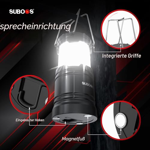 SUBOOS Campinglampe Aufladbar, Hybrid Licht Solar & AA Batteriebetriebene LED Camping Lampe, Integrierter Aufhängehaken & Magnetfuß, für Outdoor, Survival & Stromausfälle(2 Stück)