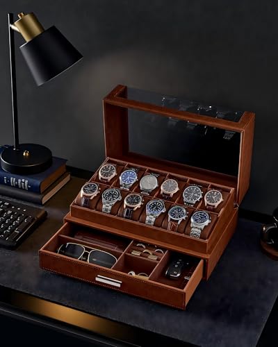 Image of ProCase Watch Box for Men, 12 Slots Watch Display Holder with Clear Acrylic Top, Large Capacity PU Leather Case with Drawer Organizer, Jewelry Storage, Ideal Gift for Men Women -Brown