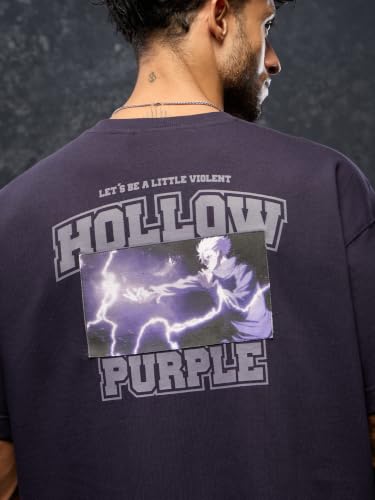 Image of The Souled Store Jujutsu Kaisen: Satoru Gojo Men and Boys Short Sleeves Round Neck Purple Graphic Printed Cotton Oversized Drop Shoulder Anime Streetwear Casual T-Shirts
