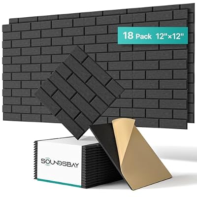 Soundproof Wall Panels Self-Adhesive, Acoustic Panels 18 Pack Brick Wall Panels, High Density Sound Absorbing Panel for Walls, Office,Reccording Studio, Ceiling 12" X 12" X 0.4" Black