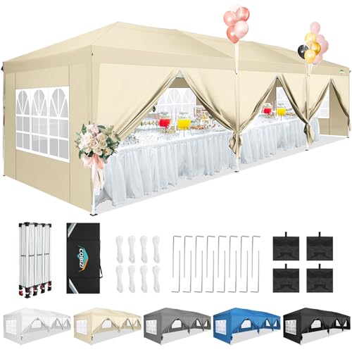 Image of COBIZI 10x30 Canopy Party Tent with 8 Walls 10x30 Pop Up Tent for Parties Waterproof UPF 50+ Outdoor Commercial Event Tent for Party Backyard Gazebo Canopy with Sidewalls & Sandbags(Khaki /10x30ft