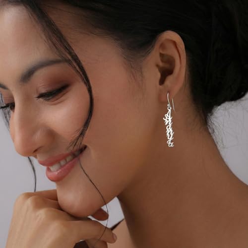 Image of TRUESILVER ACPL 925 Sterling Silver Personalized Earrings for Women | Customized Inital Dangler Name Earring for Womens | Custom Gift for Anniversary Wedding Birthday
