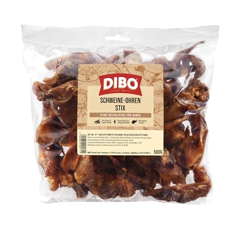 DIBO Schweine-Ohren-Stix, 500g-Beutel, der kleine Naturkau-Snack oder Leckerli für Zwischendurch, Hundefutter, Qualitätskauartikel ohne Chemie
