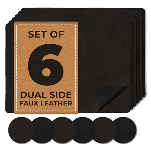 Image of Faux Leather Placemats and Coaster Sets 6 | Dual Sided Brown/Black Table Mats and Coasters | Place Mats For Table 6 - Wipeable Placemats Heat Resistant Place Mat (Black/Brown)