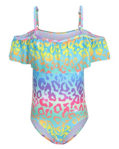 Image of Girls One Piece Swimsuits Off Shoulder Bathing Suit Kids Hawaiian Floral Swimwear 3-16 Years