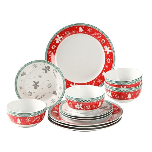 simpa 12PC Christmas Gingerbread Men Ceramic Dinner Set. 4 Dinner Plates 4 Side Plates & 4 Bowls. Dishwasher & Microwave Safe.