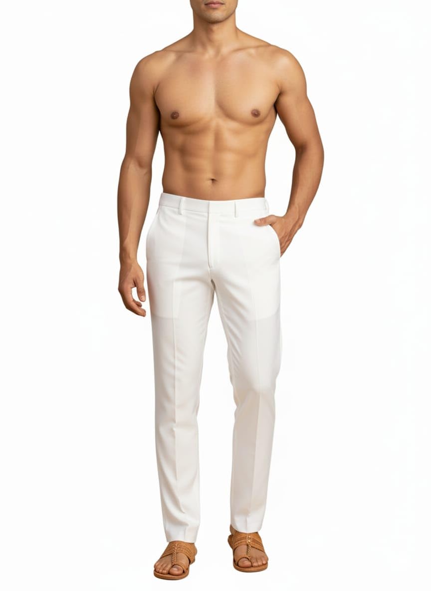Classic Cotton Regular Fit Men's Casual Pants in White, Slim Fit Style, Comfortable Pajama Trousers-image-20