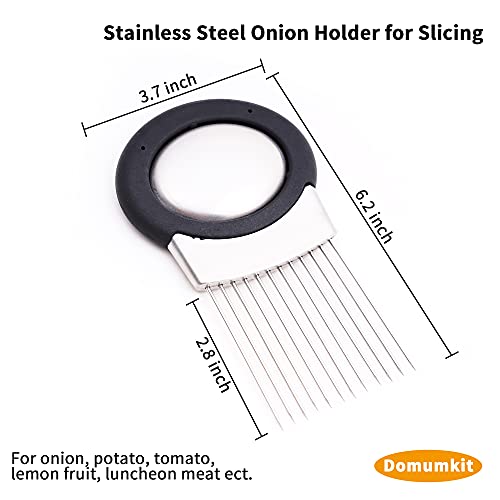 Domumkit Asistente de rebanada de alimentos, soporte para rebanar cebolla de acero inoxidable, soporte todo en uno para cebolla con removedor de olores