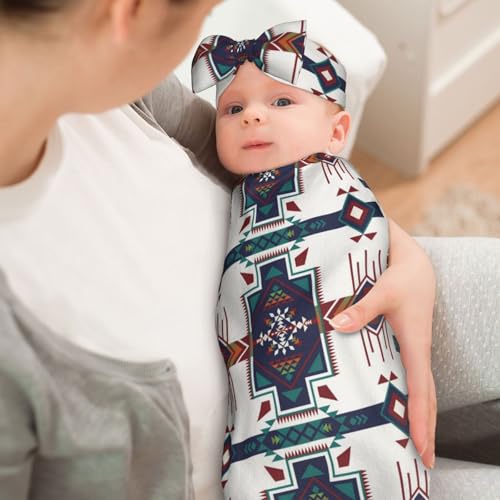 Image of Western Southwest American Aztec Baby Stuff Swaddle Blanket Wrap Baby Newborn Blanket Soft Stretchy with Headband Hat Set Gift for Infant Boy Girl