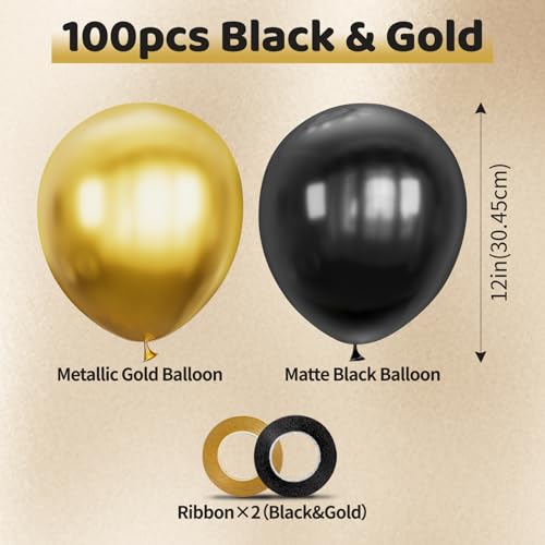 Image of 100pcs Black and Gold Balloons 12 Inch Metallic Gold and Black latex Party Balloons for Birthday Retirement Graduation New Year's Eve Party Decorations