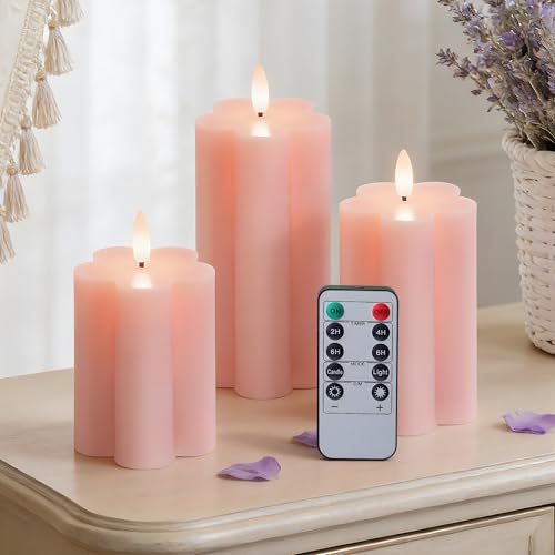 Velsyn Pink Flower Flameless Candles with Remote and Timer Real Wax Made LED Pillar Candles Battery Operated with 3D Flickering Flame Indoor Use Spring Decor 3 x 4 5 6 Set of 3