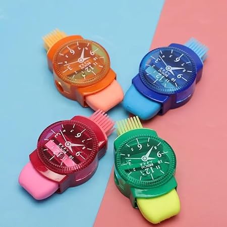Watch-Style Pencil Sharpener with Clock Design, 3 in 1 Sharpener, Eraser and Brush for Kids Stationary Items - Return Gifts Assorted Colours, (Pack of 4)-picture-44