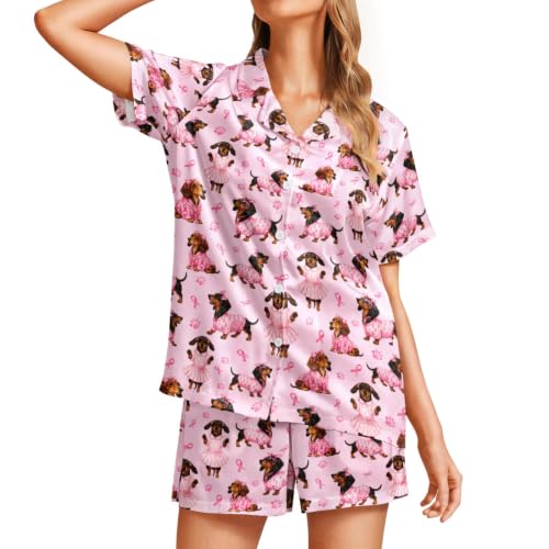 Image of Funny Pajamas for Women Set Print Satin Loungewear Pjs Short Sleeve Button Down Top and Shorts Sets Sleepwear XS-3XL
