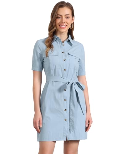 Image of Allegra K Women's Safari Dress Collared Short Sleeve Cotton Belted Button Down Shirt Dresses
