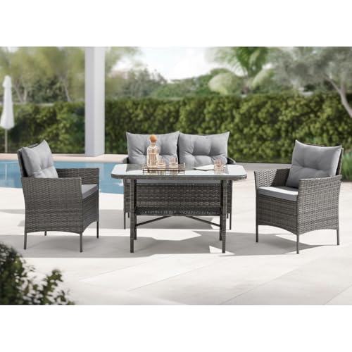 EVRE Mixed Grey Florence Garden Rattan Furniture Set 4 Piece Seat 1 Sofa 2 Chair Dining Outdoor...