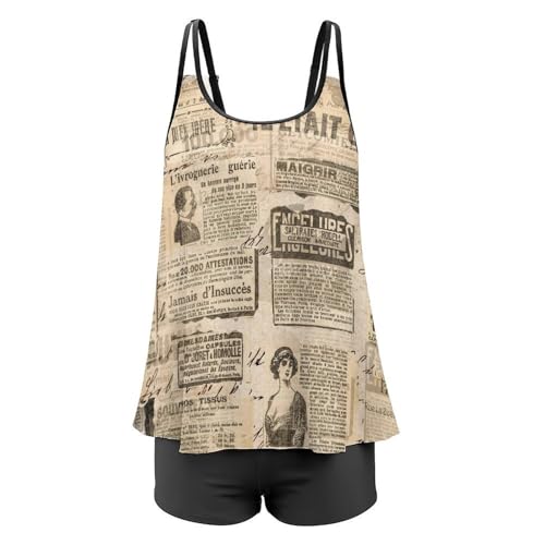 Maillot de bain tankini rétro avec short de garçon et robe de plage intégrée imprimé journal