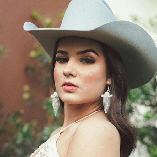 RechicGu 3 Pairs Western Cowgirl Cowboy Hat Earrings Set Silver Symmetric Boots Sparkly Rhinestone Tassels Drop Dangle Rural Culture Earrings Set For Women2