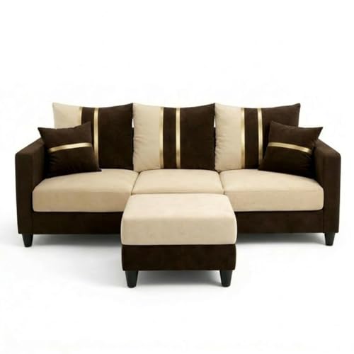 Image of Jester 4 Seater L Shape Sofa Set with Movable Ottoman | Flexible Left or Right Layout | Luxury Velvet Suede Fabric | Modern Living Room Sofa | Dark Brown-Cream
