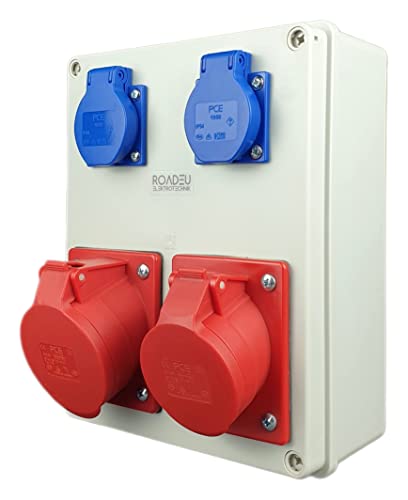 RoadEu - Quadro Elettrico Distributore di corrente 32A, presa CEE 5P 16A con 2X 230V Schuko. Distributore di corrente da parete 32A, PCE. Scatola di distribuzione montata in superficie.