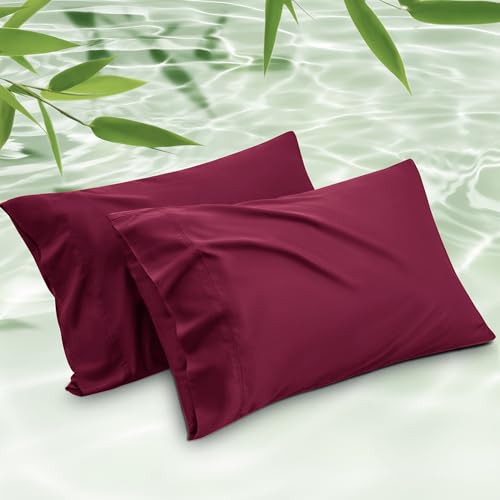 Image of Bedsure King Size Pillow Cases Set of 2, 100% Rayon Derived from Bamboo | Cooling Pillowcases, Similar to Silk Pillow Covers with Envelope Closure, PureWoven Bedding Gift, Burgundy, 20x36 Inches