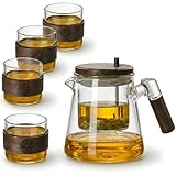 OFFASST Teekanne aus Borosilicatglas 800ml mit Druckknopf-Sieb – Spülmaschinenfestes Teeset mit 4 Tassen, ideal für losen Tee & als Geschenkset