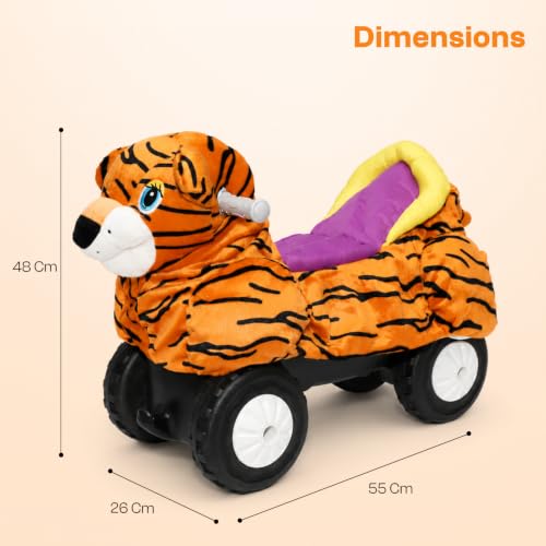 Image of Toyzone Little Soft Tiger Ride on | Cloth-Covered Ride On Toy with Wheels | Back Support | Indoor & Outdoor Ride-On for Toddlers 1-4 Years