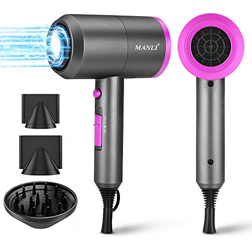 Hair Dryer, MANLI Professional Salon 1800W Negative Ionic Hair Blow Dryer Fast Drying with 3 Heat Settings, 2 Speed & One Cool Settings, AC Motor with Diffuser, 2 Concentrator Nozzles