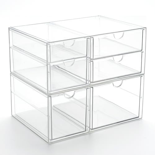Image of Prsildan Acrylic Drawer Makeup Organizer with 6 Drawers (Not for Baby Bottle), Set of 2 Office Desk Organizers Accessories, Clear Stackable Storage Drawers for Vanity, Craft (Largest Drawer 4" Tall)