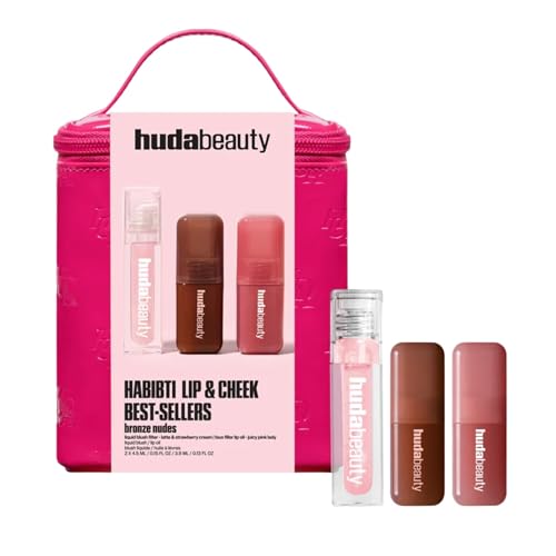 Huda Beauty Best Lip & Cheek Kit Nude Bronze Liquid Blusher & Jelly Filler Oil